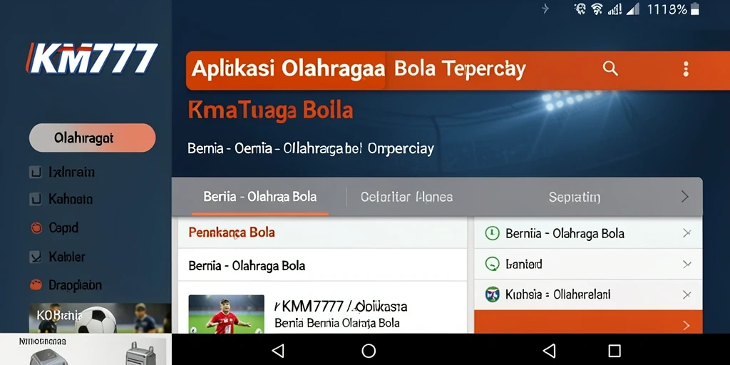 Antarmuka aplikasi KM777 dengan berita olahraga bola terbaru.